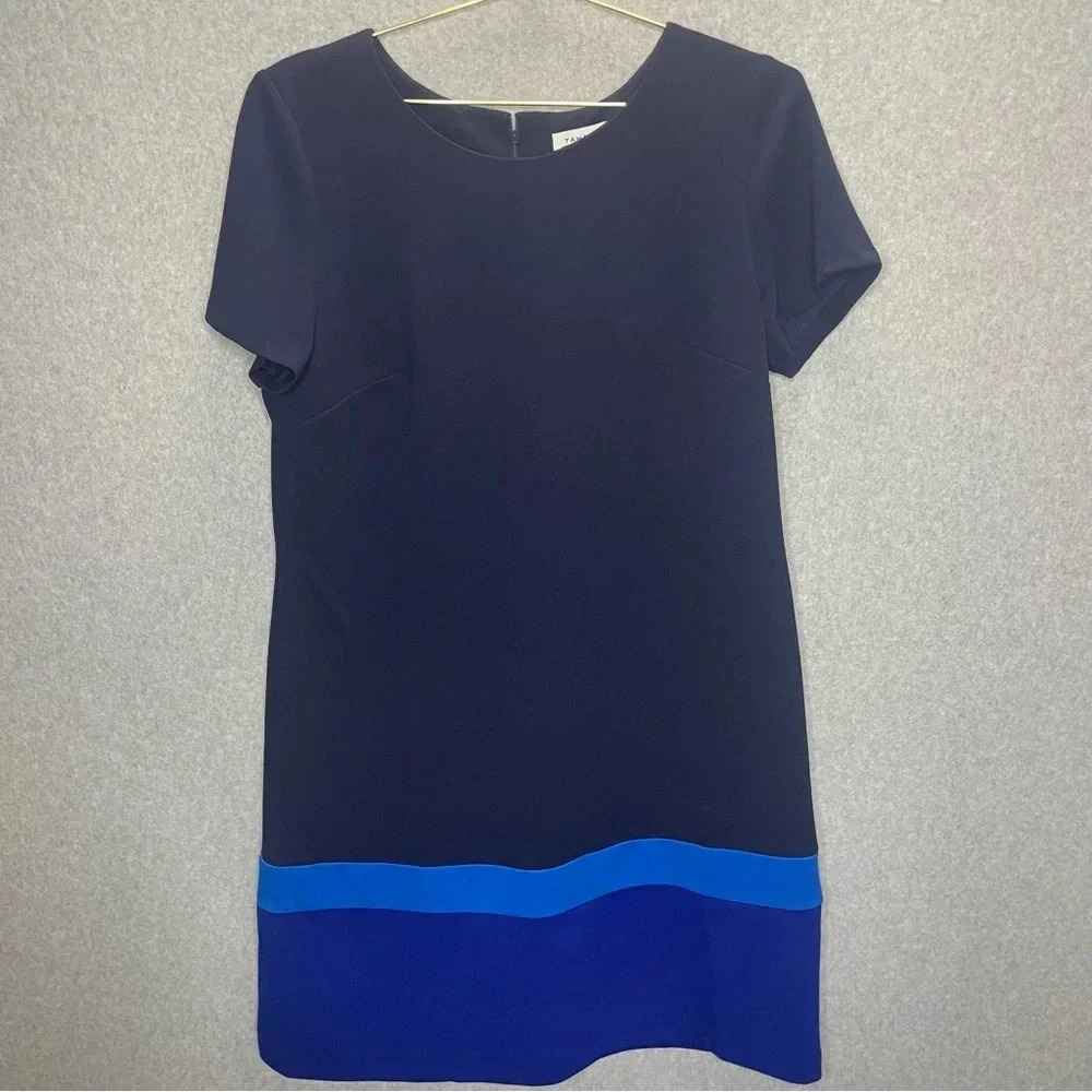 Tahari ASL Blue Colorblock Short Sleeve Shift Dress